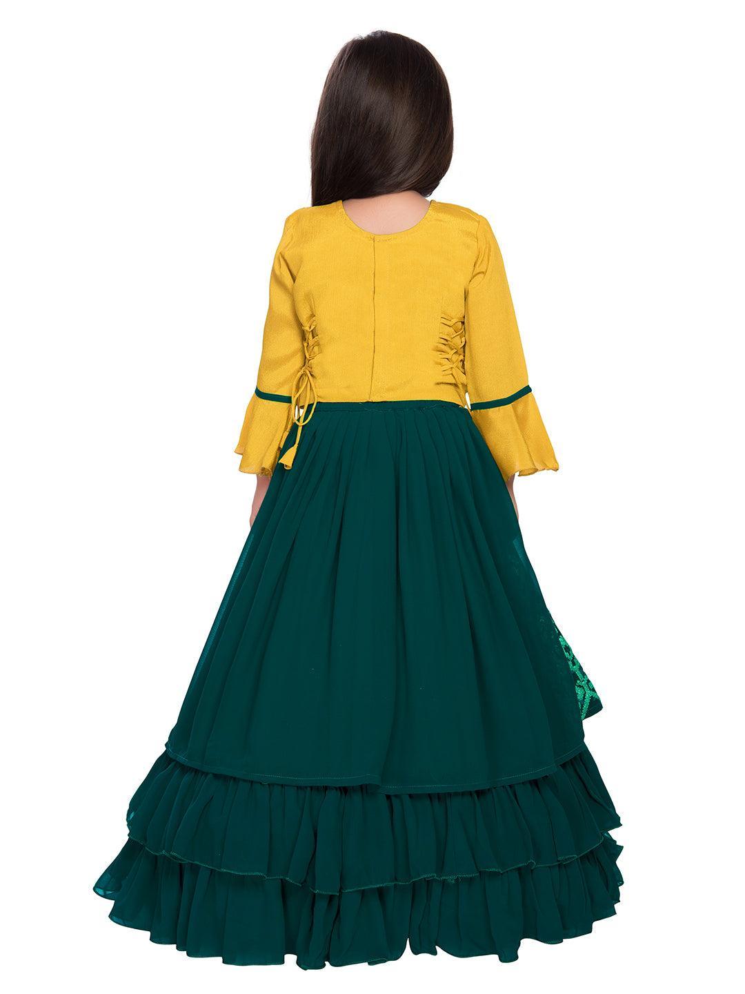 Full Sleeves Choli For Girls With Sequin Detailing Flared Lehenga & Dupatta - Yellow & Green - Betty Ethnic India - Saree & Lehenga - Betty Girls Wear Online