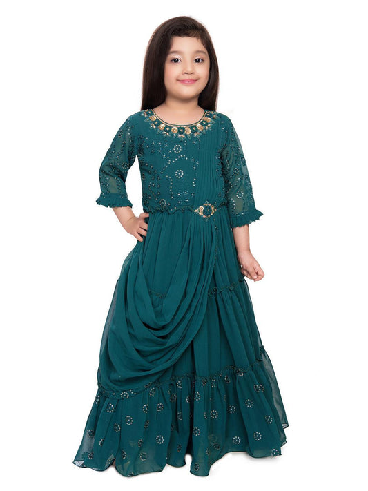 Full Sleeves Dupatta Styled Crystal Embellished Green Coloured Gown For Girls - Betty Ethnic India - Gown - Betty Girls Wear Online