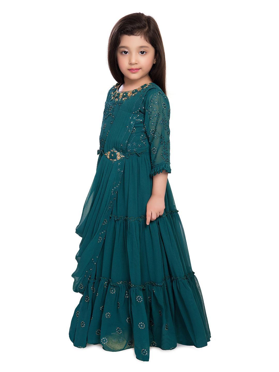 Full Sleeves Dupatta Styled Crystal Embellished Green Coloured Gown For Girls - Betty Ethnic India - Gown - Betty Girls Wear Online