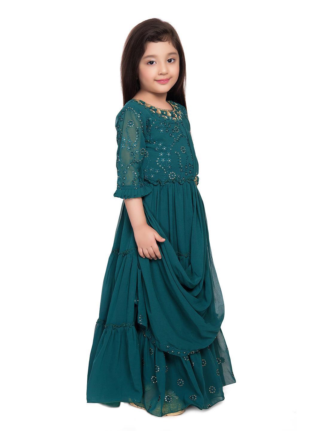 Full Sleeves Dupatta Styled Crystal Embellished Green Coloured Gown For Girls - Betty Ethnic India - Gown - Betty Girls Wear Online