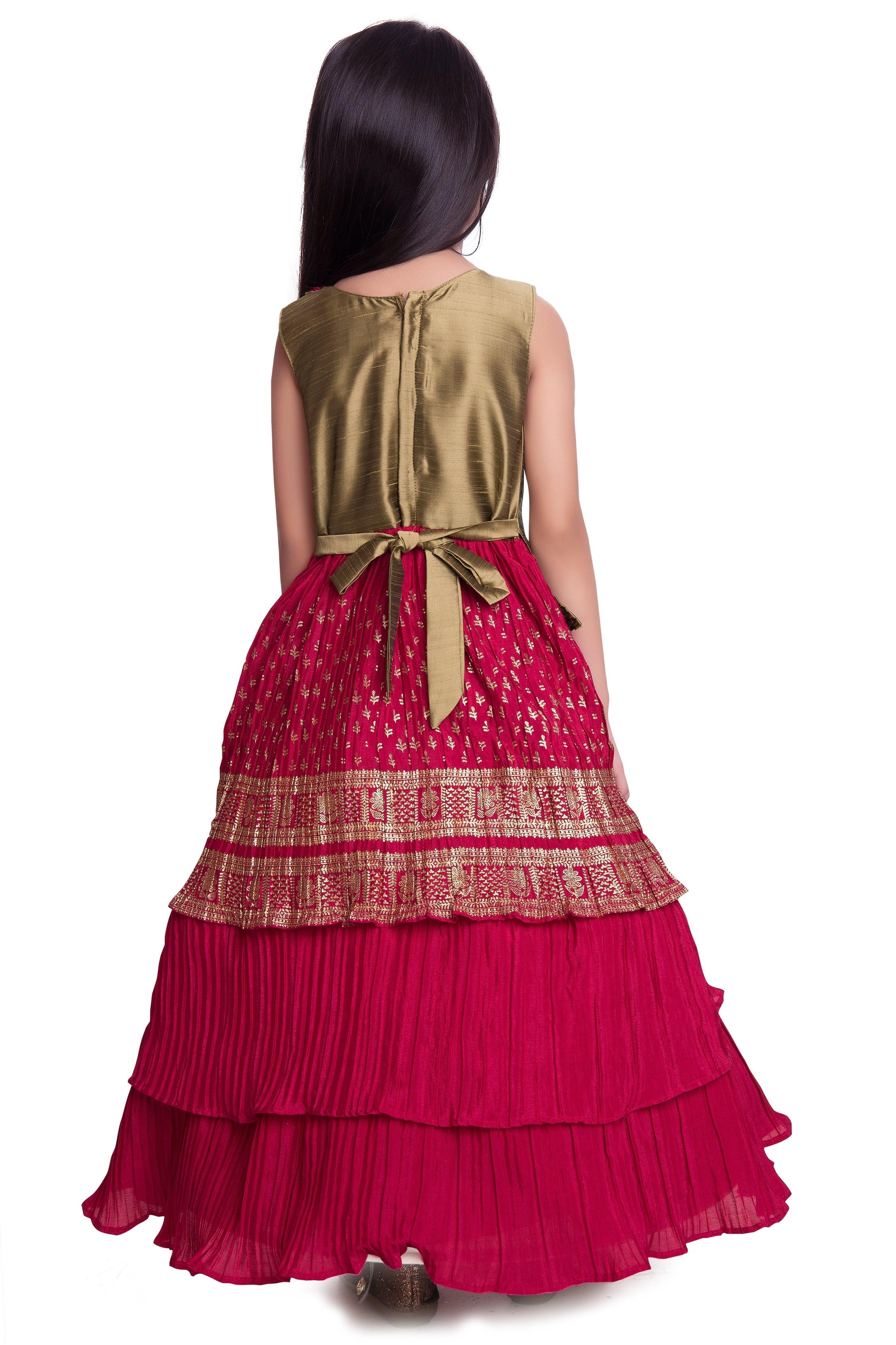 Girls Gold Toned and Green Ethnic Motifs Printed Pleated Chinon Gown For Girls - Betty Ethnic India - Gown - Betty Girls Wear Online