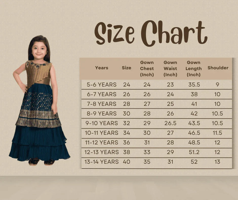 Girls Gold Toned and Green Ethnic Motifs Printed Pleated Chinon Gown For Girls - Betty Ethnic India - Gown - Betty Girls Wear Online