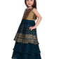 Girls Gold Toned and Green Ethnic Motifs Printed Pleated Chinon Gown For Girls - Betty Ethnic India - Gown - Betty Girls Wear Online