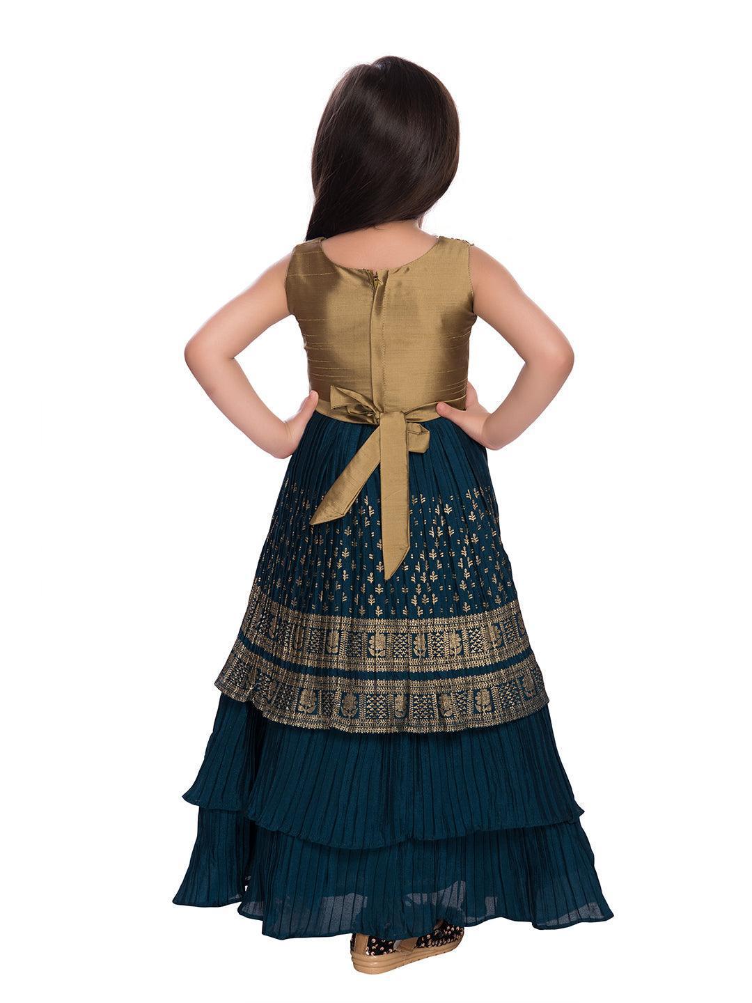 Girls Gold Toned and Green Ethnic Motifs Printed Pleated Chinon Gown For Girls - Betty Ethnic India - Gown - Betty Girls Wear Online