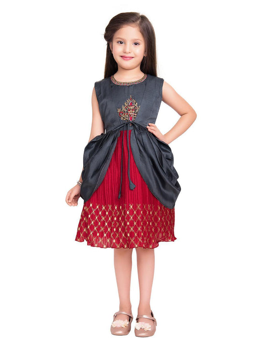 Girls Red & Grey Embroidered Layered Fit & Flare With Jacket Party Wear Frock For Girls - Betty Ethnic India - Frock - Betty Girls Wear Online