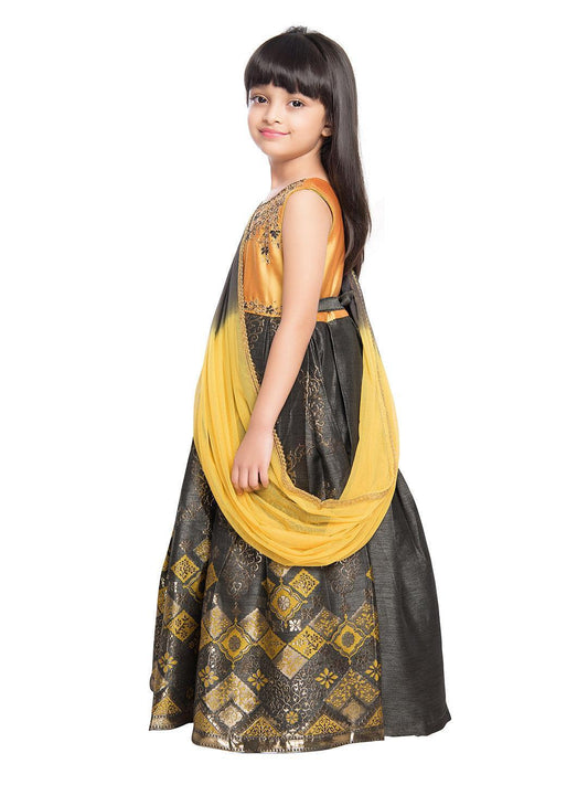 Gold Coloured Dupatta Styled Gown For Girls - Betty Ethnic India - Gown - Betty Girls Wear Online