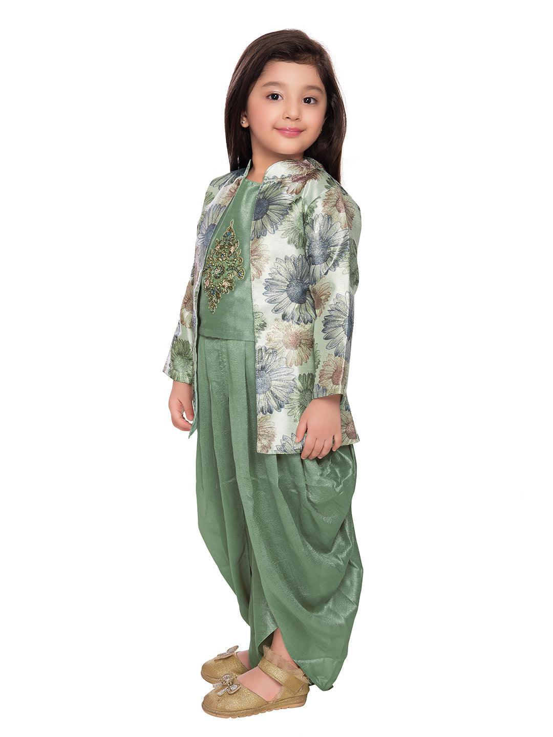 Green Coloured solid Top with Dhoti Pants For Girls - Betty Ethnic India - Dhoti Sets - Betty Girls Wear Online