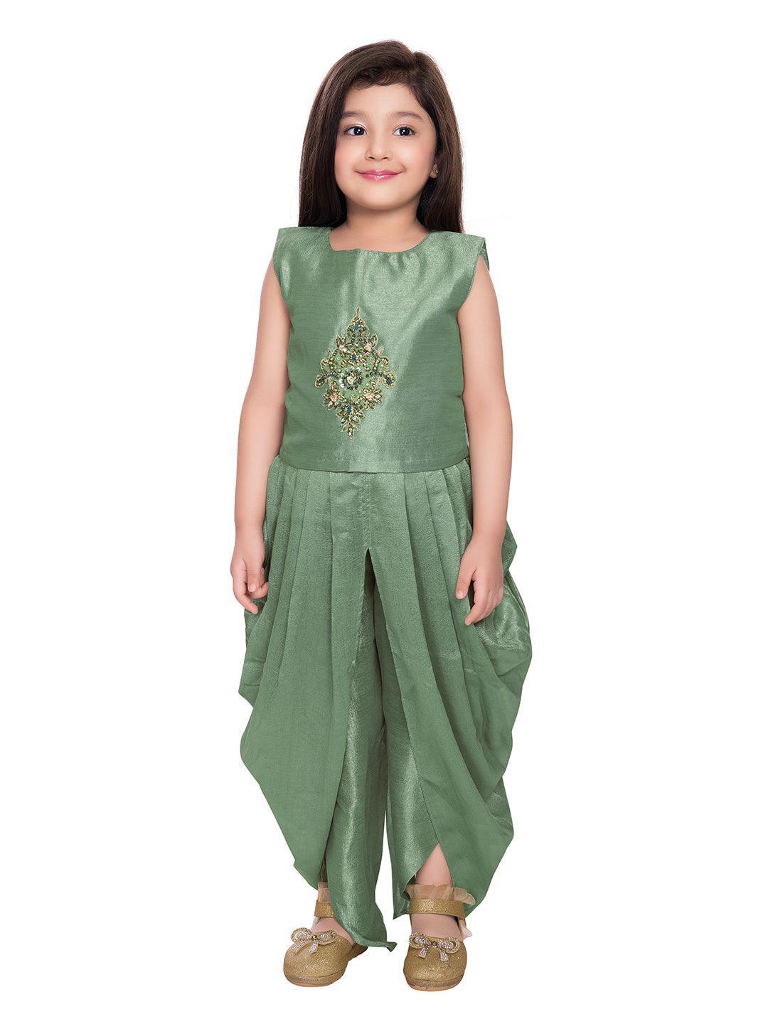 Green Coloured solid Top with Dhoti Pants For Girls - Betty Ethnic India - Dhoti Sets - Betty Girls Wear Online