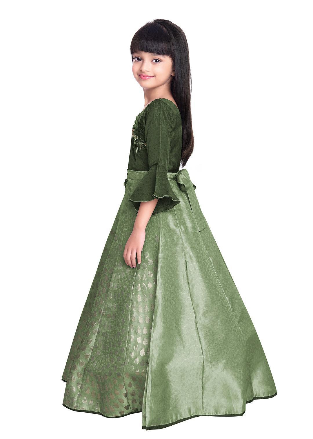 Green Floral Jacquard Simple Gown For Girls - Betty Ethnic India - Gown - Betty Girls Wear Online