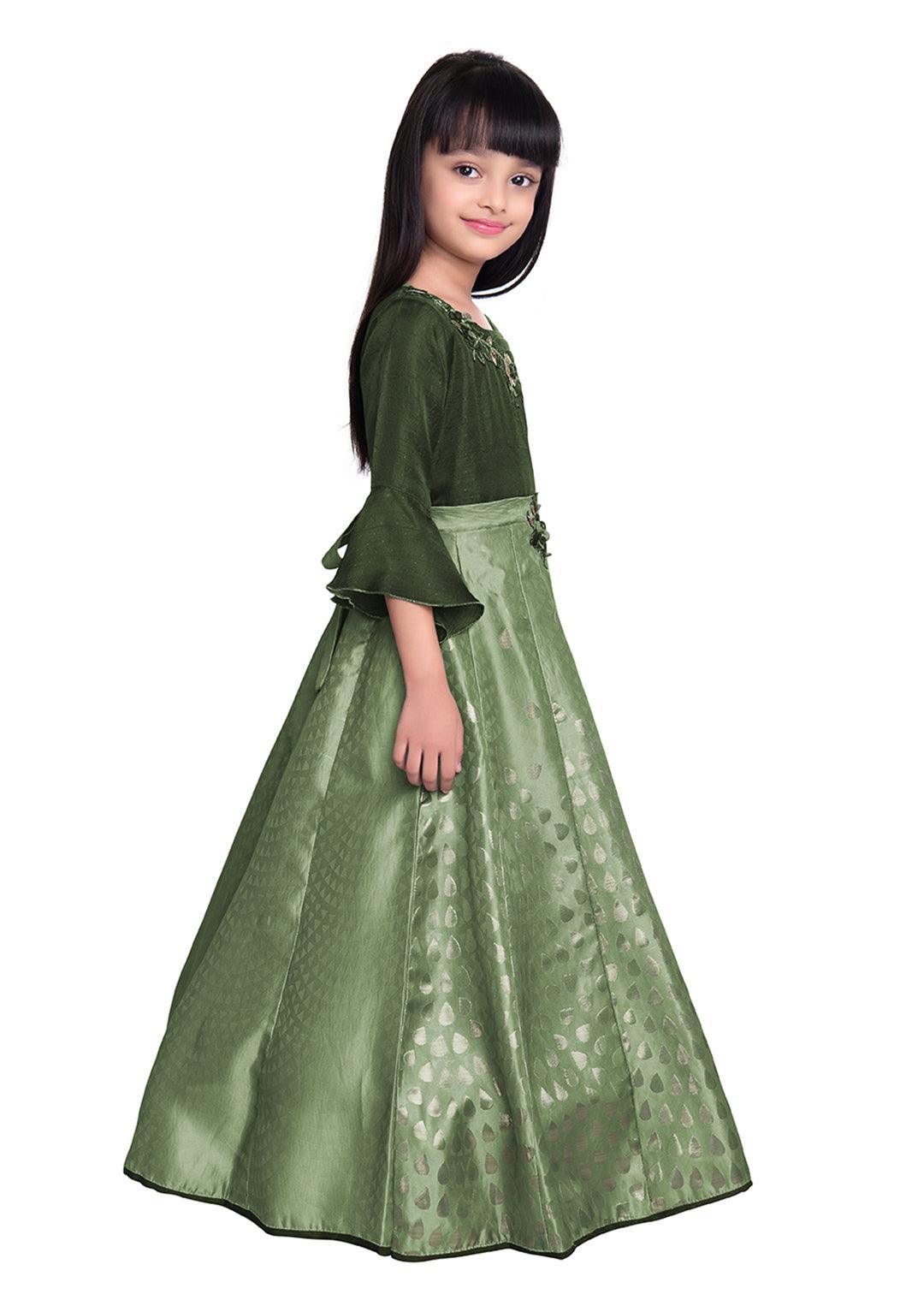 Green Floral Jacquard Simple Gown For Girls - Betty Ethnic India - Gown - Betty Girls Wear Online