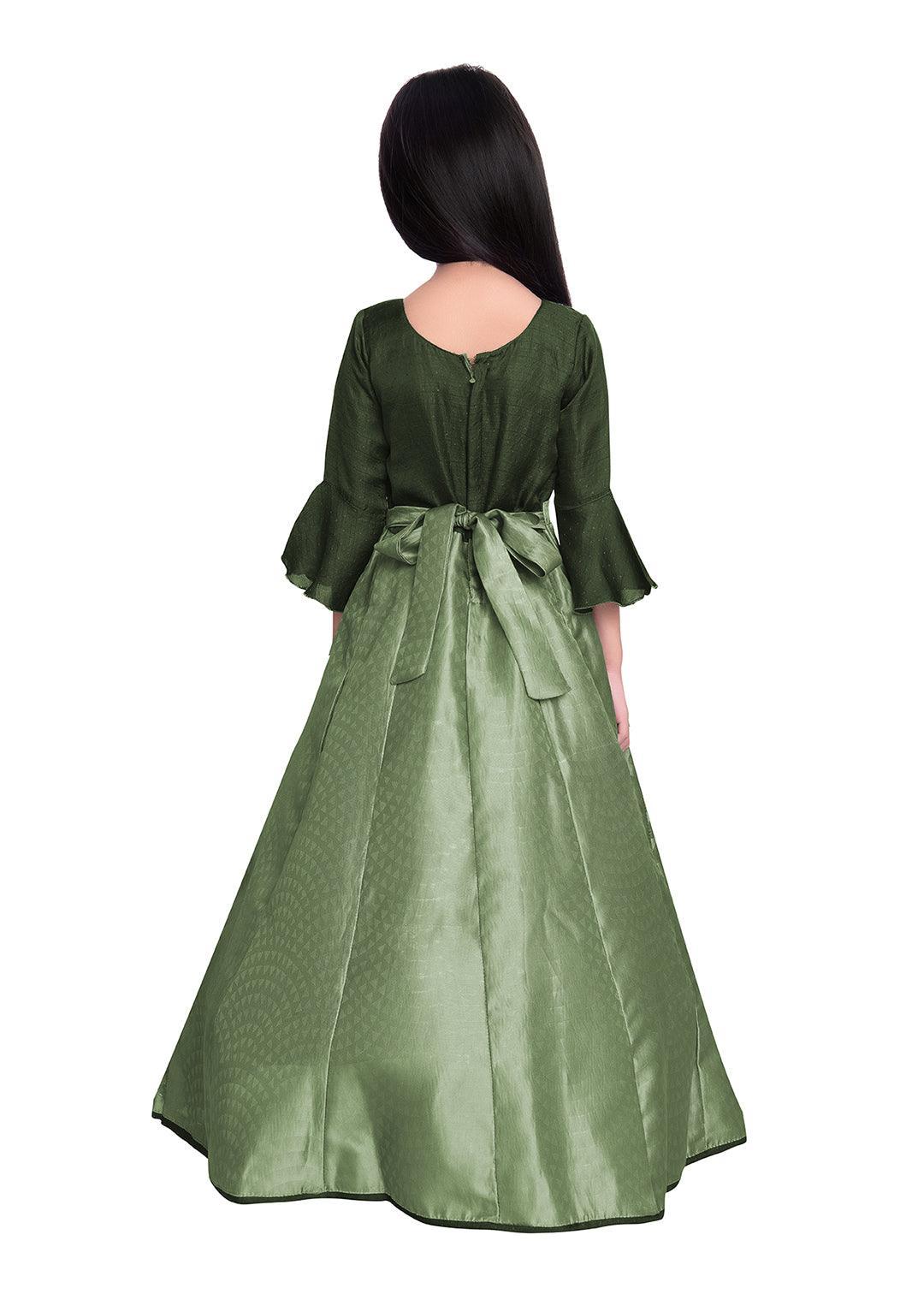 Green Floral Jacquard Simple Gown For Girls - Betty Ethnic India - Gown - Betty Girls Wear Online