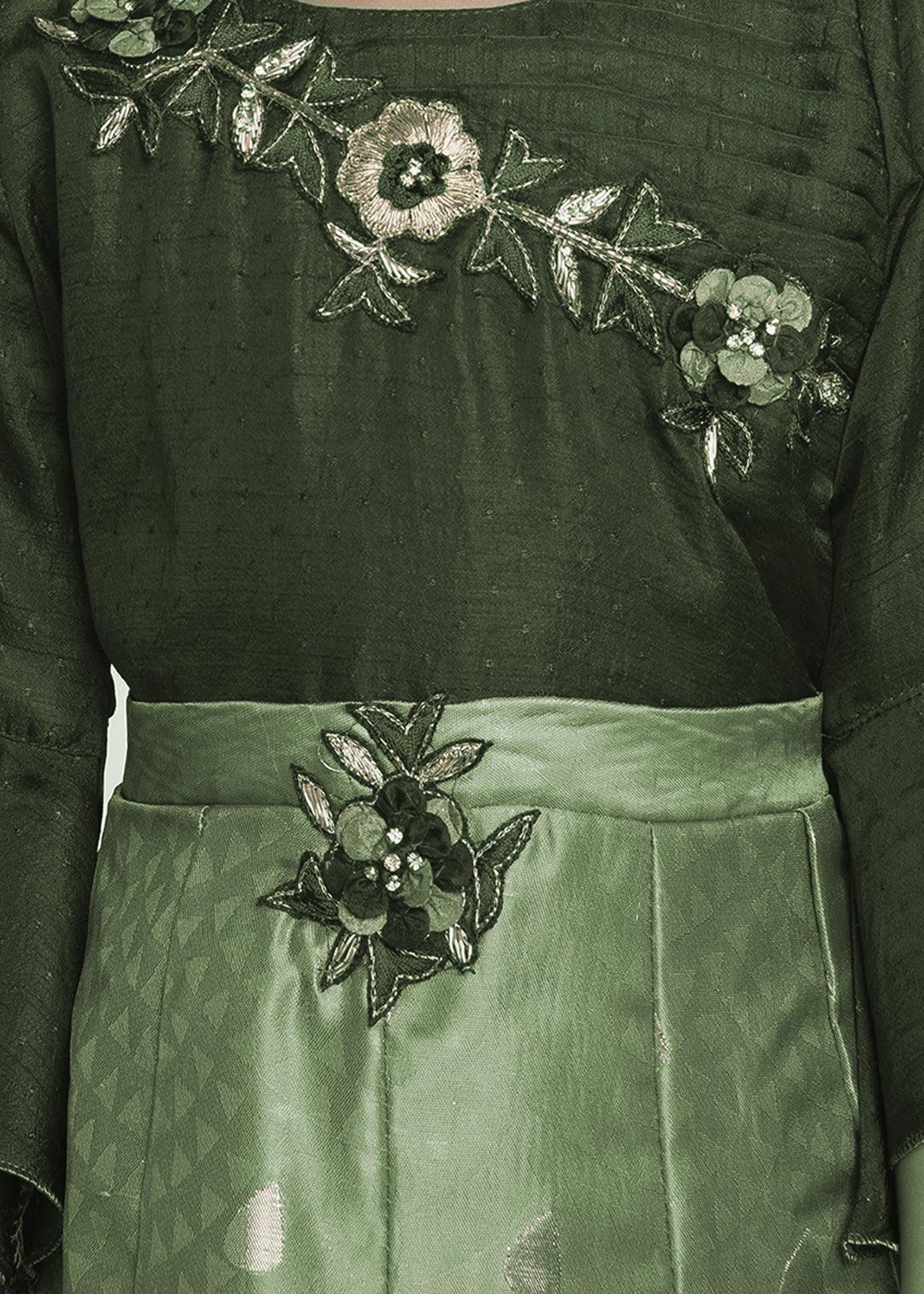 Green Floral Jacquard Simple Gown For Girls - Betty Ethnic India - Gown - Betty Girls Wear Online
