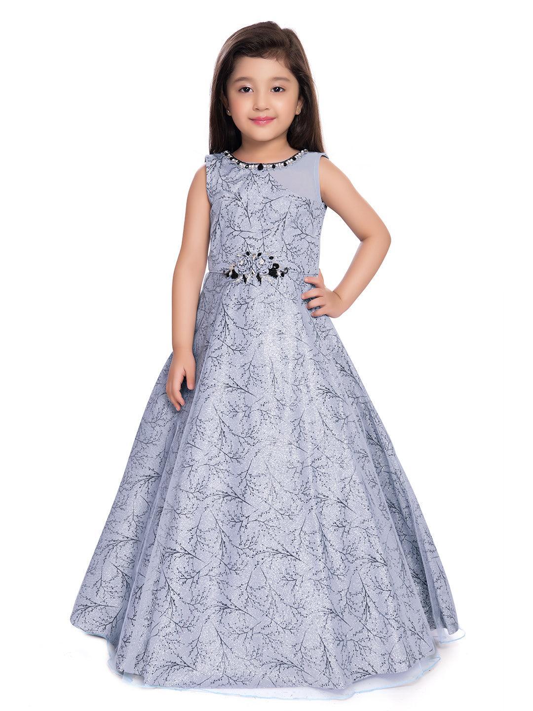 Grey & Black Floral Embellished Imported Net Gown For Girls - Betty Ethnic India - Gown - Betty Girls Wear Online