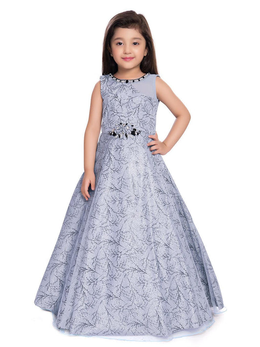 Grey & Black Floral Embellished Imported Net Gown For Girls - Betty Ethnic India - Gown - Betty Girls Wear Online