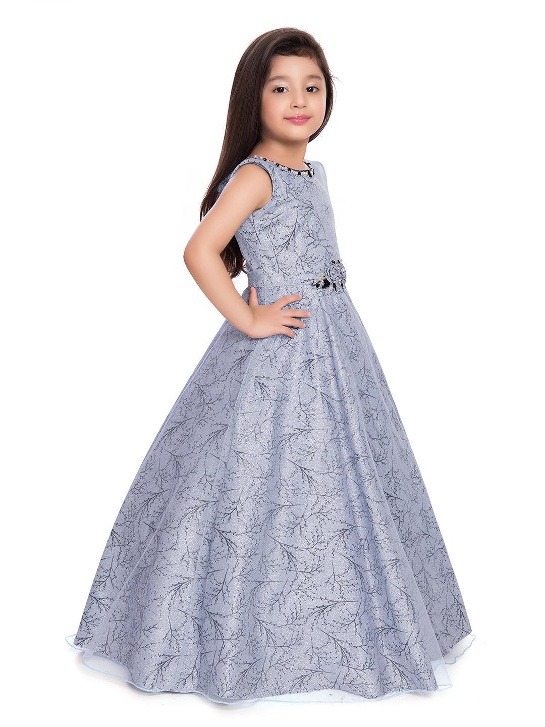 Grey & Black Floral Embellished Imported Net Gown For Girls - Betty Ethnic India - Gown - Betty Girls Wear Online