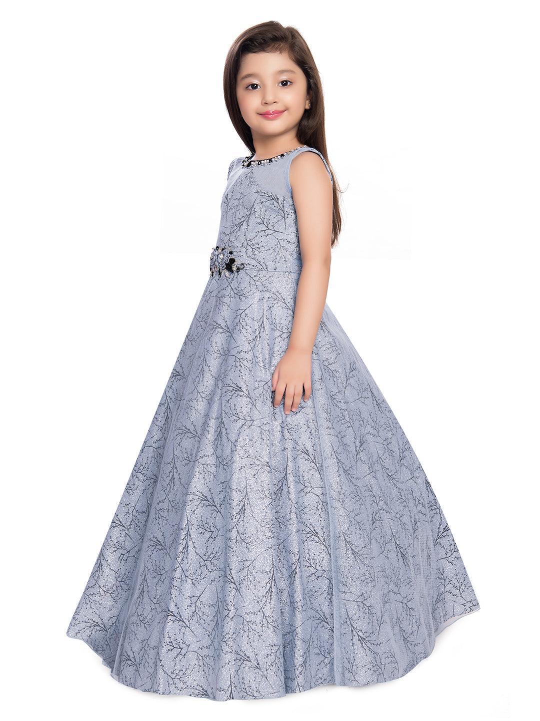 Grey & Black Floral Embellished Imported Net Gown For Girls - Betty Ethnic India - Gown - Betty Girls Wear Online
