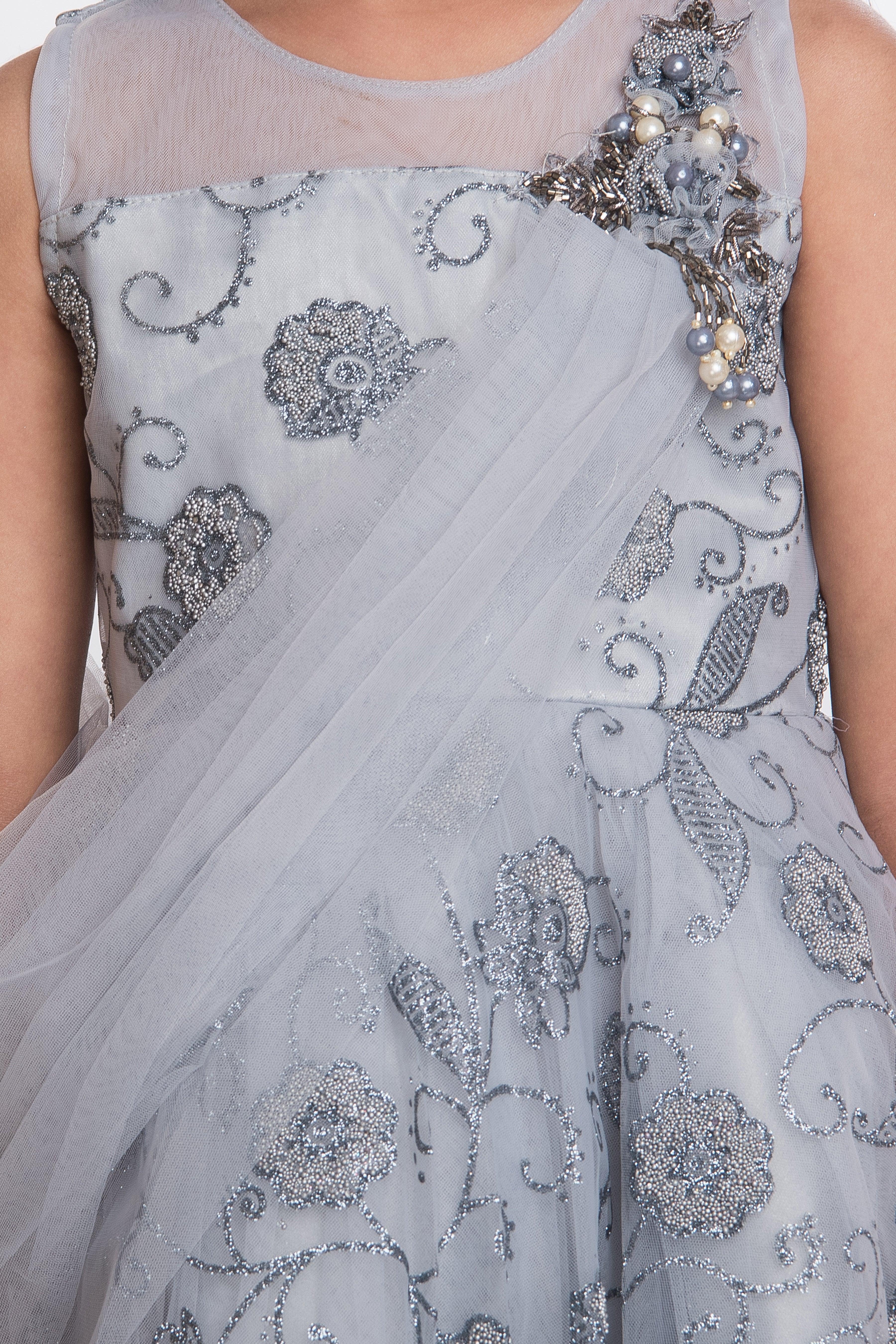 Pastel Grey Net Gown With Floral Embroidery | singhania's Wardrobe