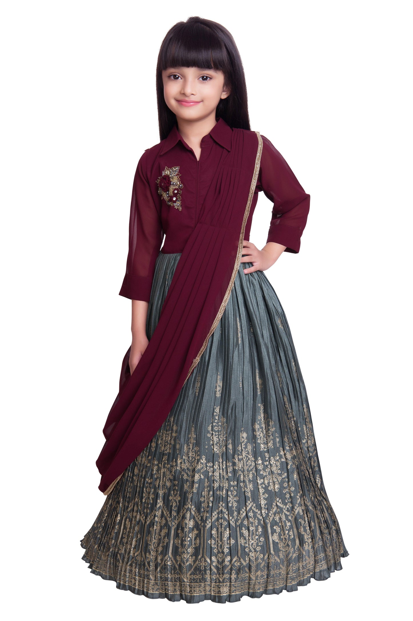 Grey Embellished Chinon Dupatta Ethnic Fit & Flare Gown For Girls - Betty Ethnic India - Gown - Betty Girls Wear Online