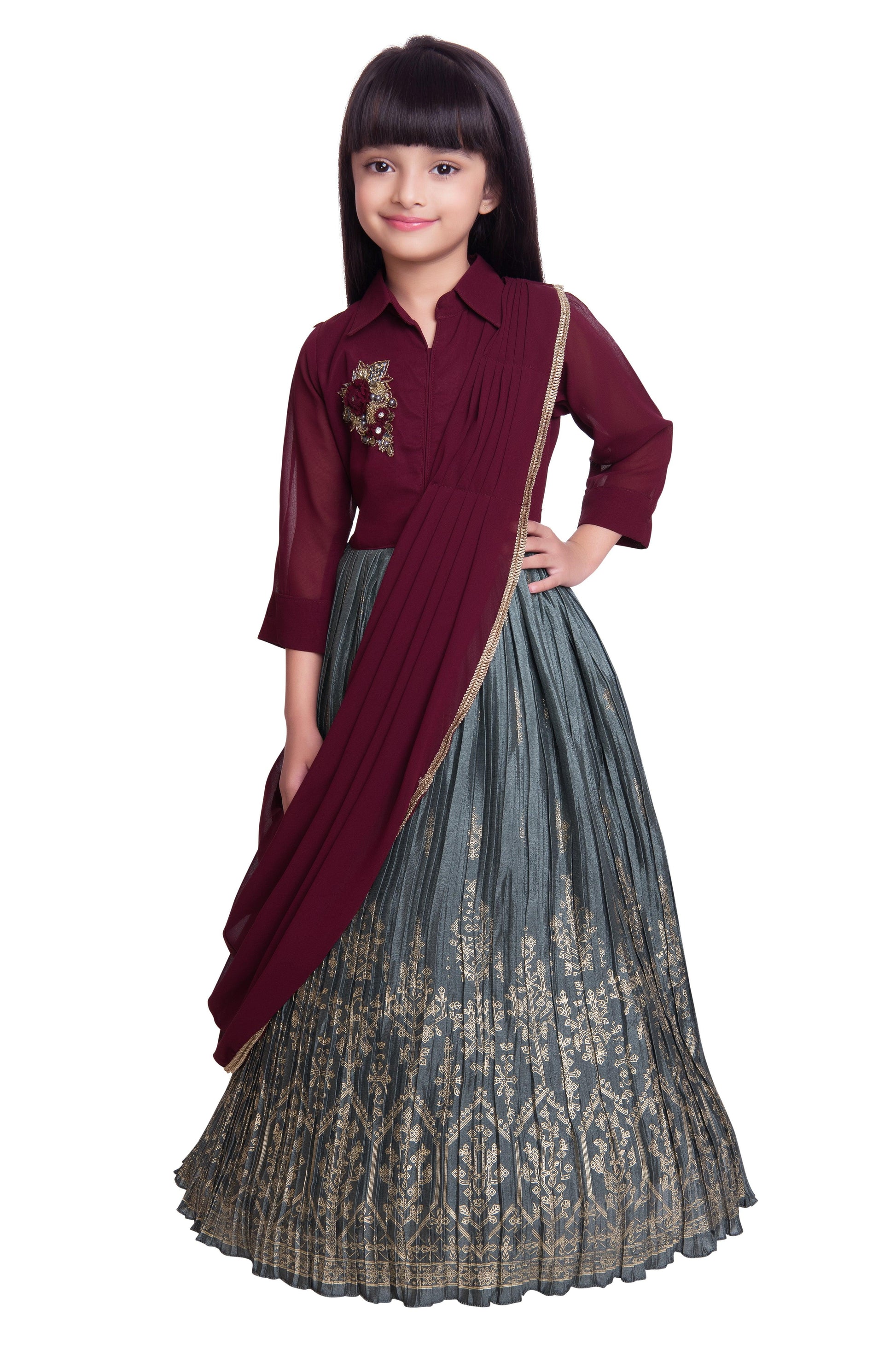 Grey Embellished Chinon Dupatta Ethnic Fit & Flare Gown For Girls - Betty Ethnic India - Gown - Betty Girls Wear Online