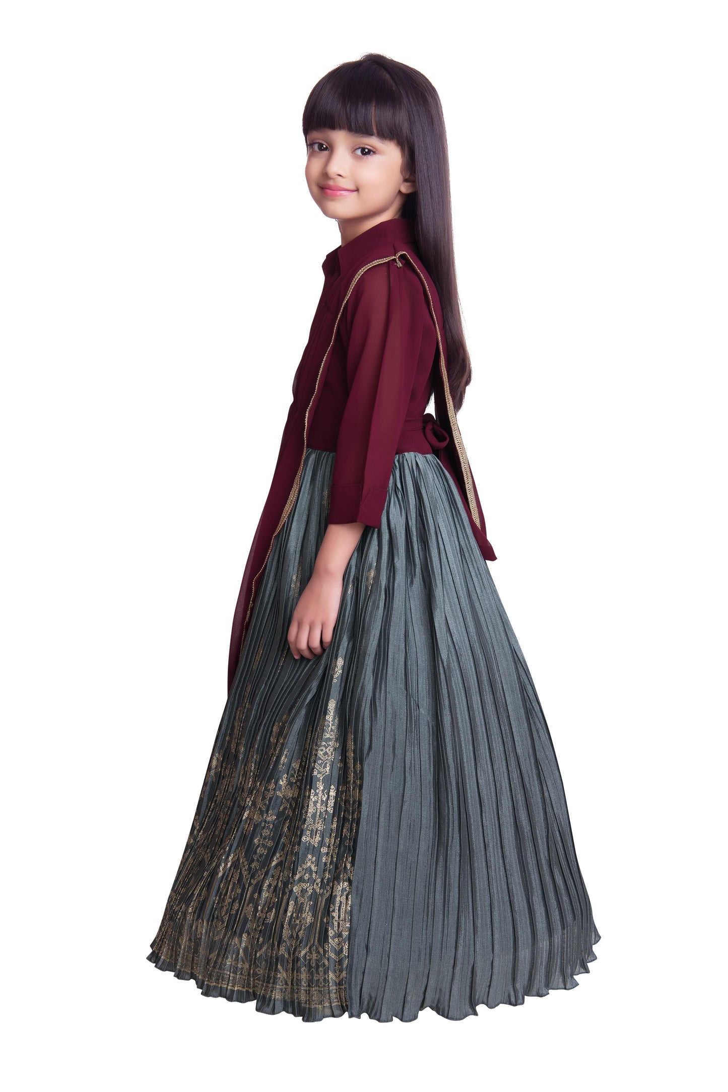 Grey Embellished Chinon Dupatta Ethnic Fit & Flare Gown For Girls - Betty Ethnic India - Gown - Betty Girls Wear Online