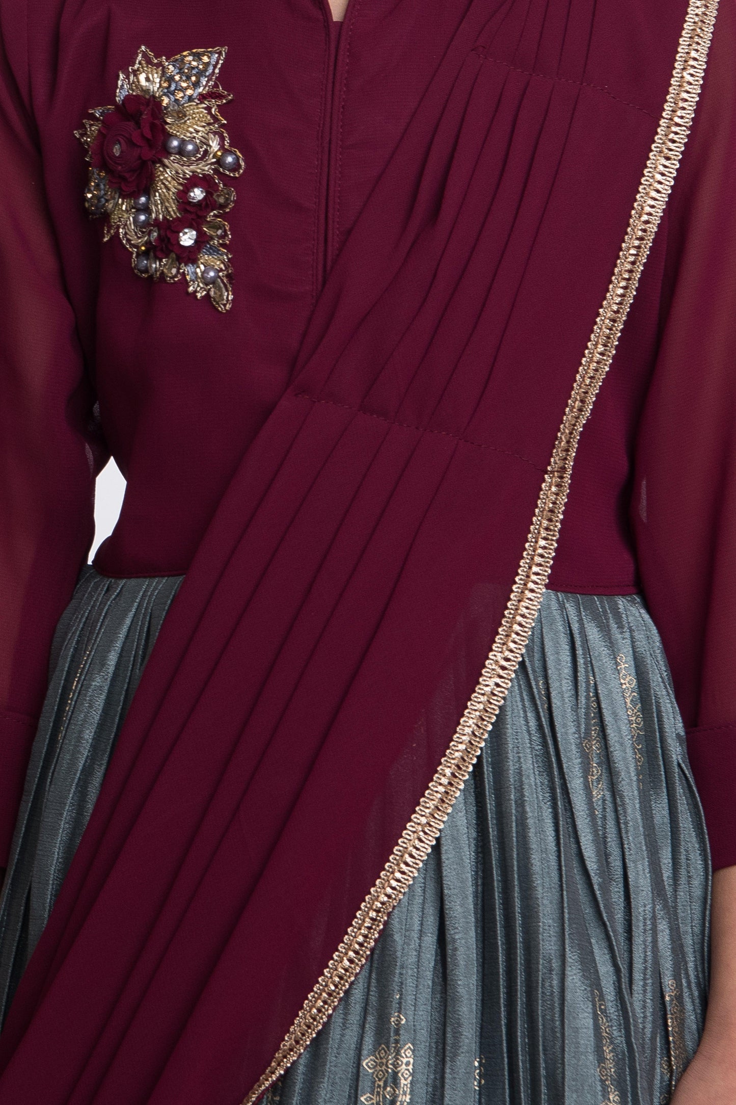 Grey Embellished Chinon Dupatta Ethnic Fit & Flare Gown For Girls - Betty Ethnic India - Gown - Betty Girls Wear Online