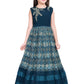 Peacock Blue Coloured Pleated Fabric Saree Style Gown For Girls - Betty Ethnic India - Gown - Betty Girls Wear Online