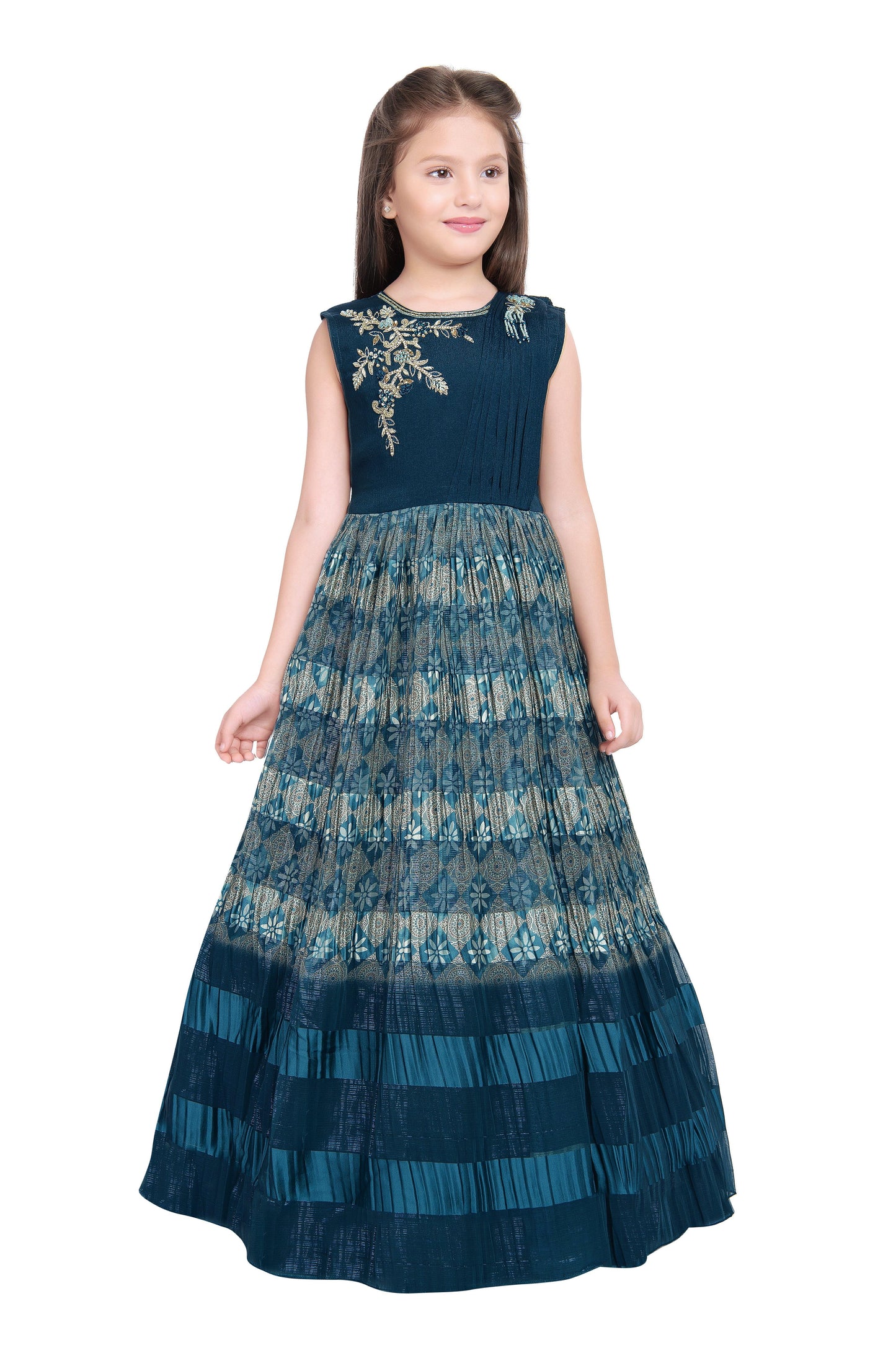 Peacock Blue Coloured Pleated Fabric Saree Style Gown For Girls - Betty Ethnic India - Gown - Betty Girls Wear Online