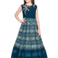 Peacock Blue Coloured Pleated Fabric Saree Style Gown For Girls - Betty Ethnic India - Gown - Betty Girls Wear Online