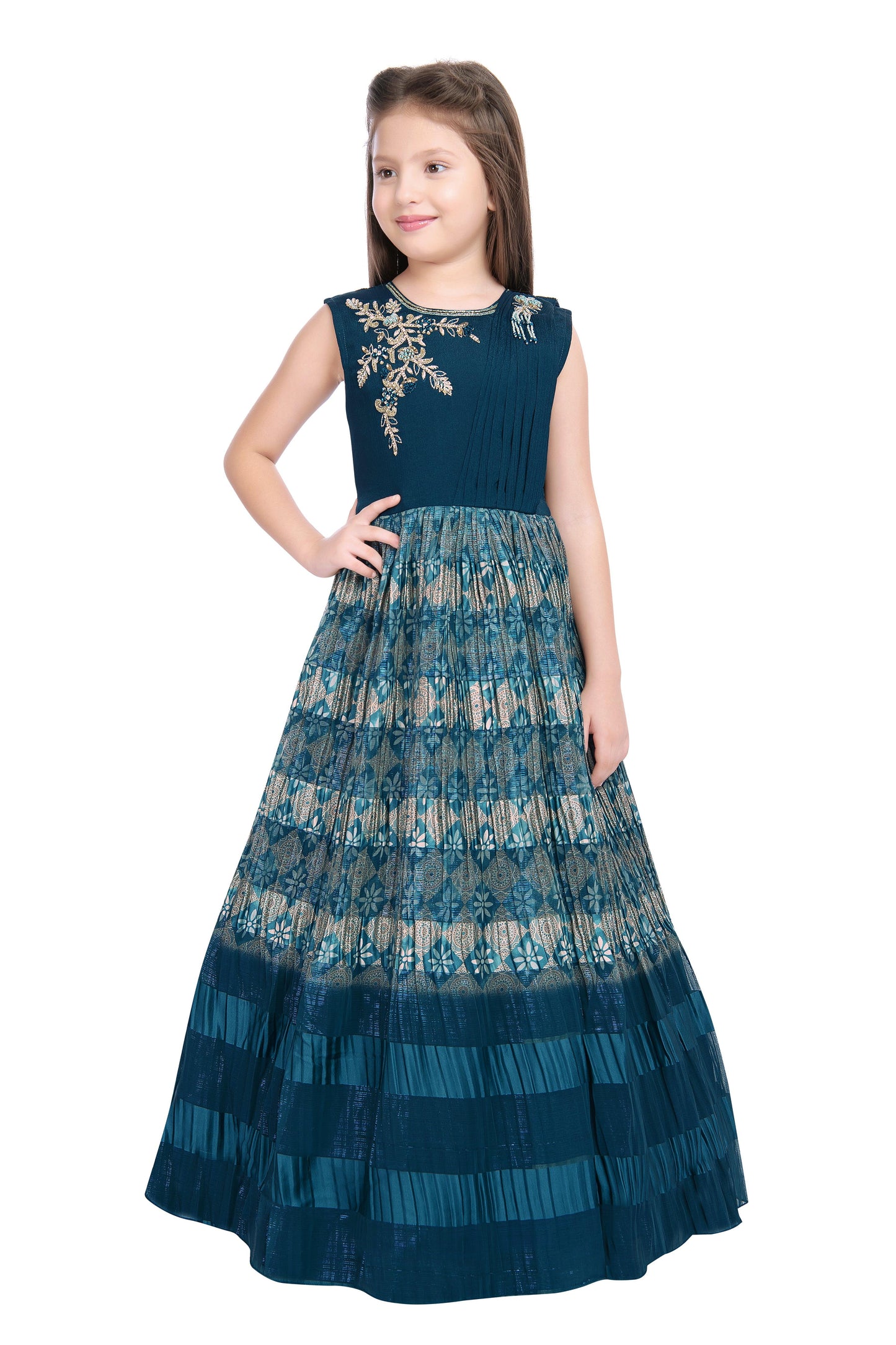 Peacock Blue Coloured Pleated Fabric Saree Style Gown For Girls - Betty Ethnic India - Gown - Betty Girls Wear Online