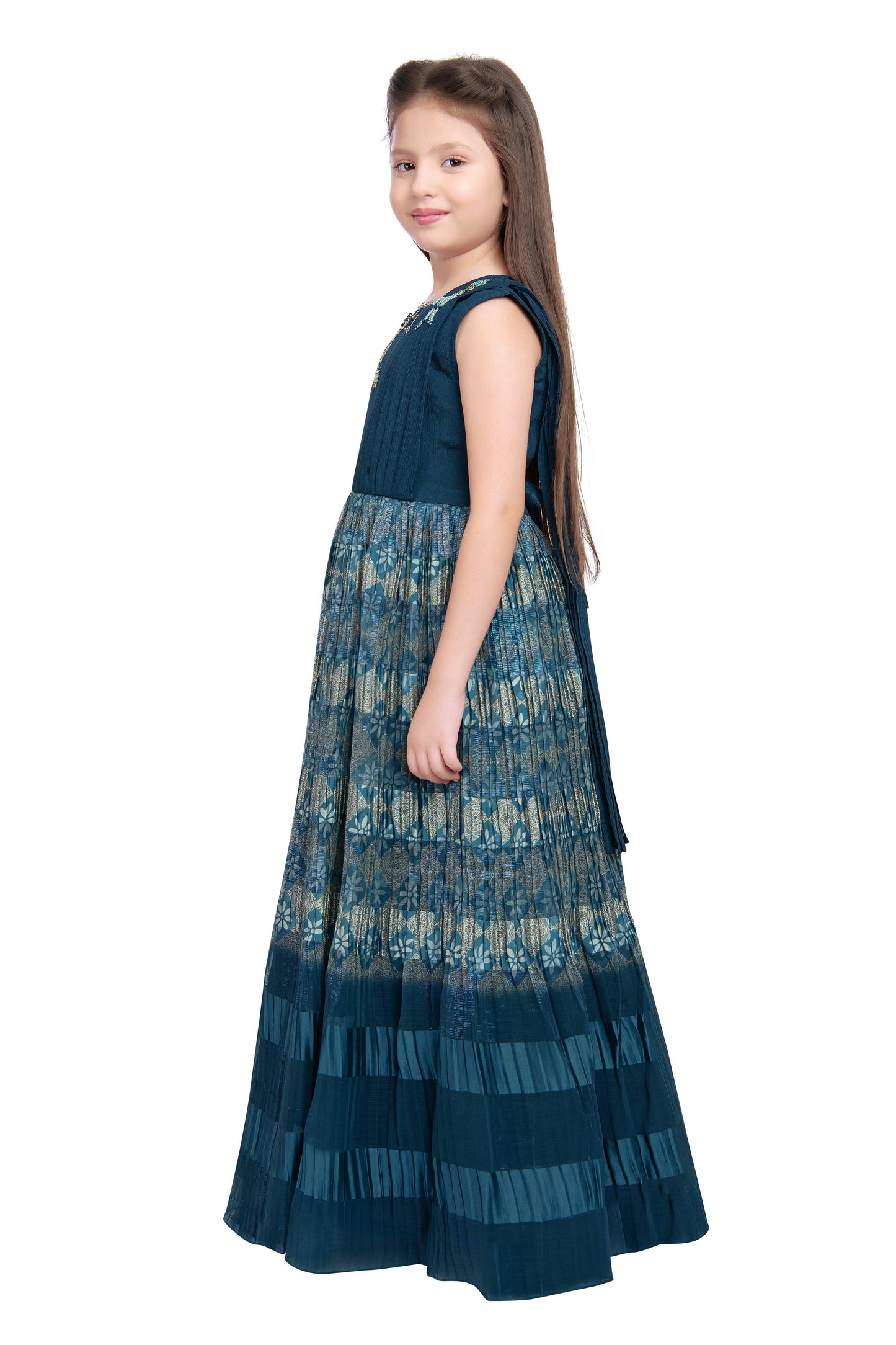 Peacock Blue Coloured Pleated Fabric Saree Style Gown For Girls - Betty Ethnic India - Gown - Betty Girls Wear Online