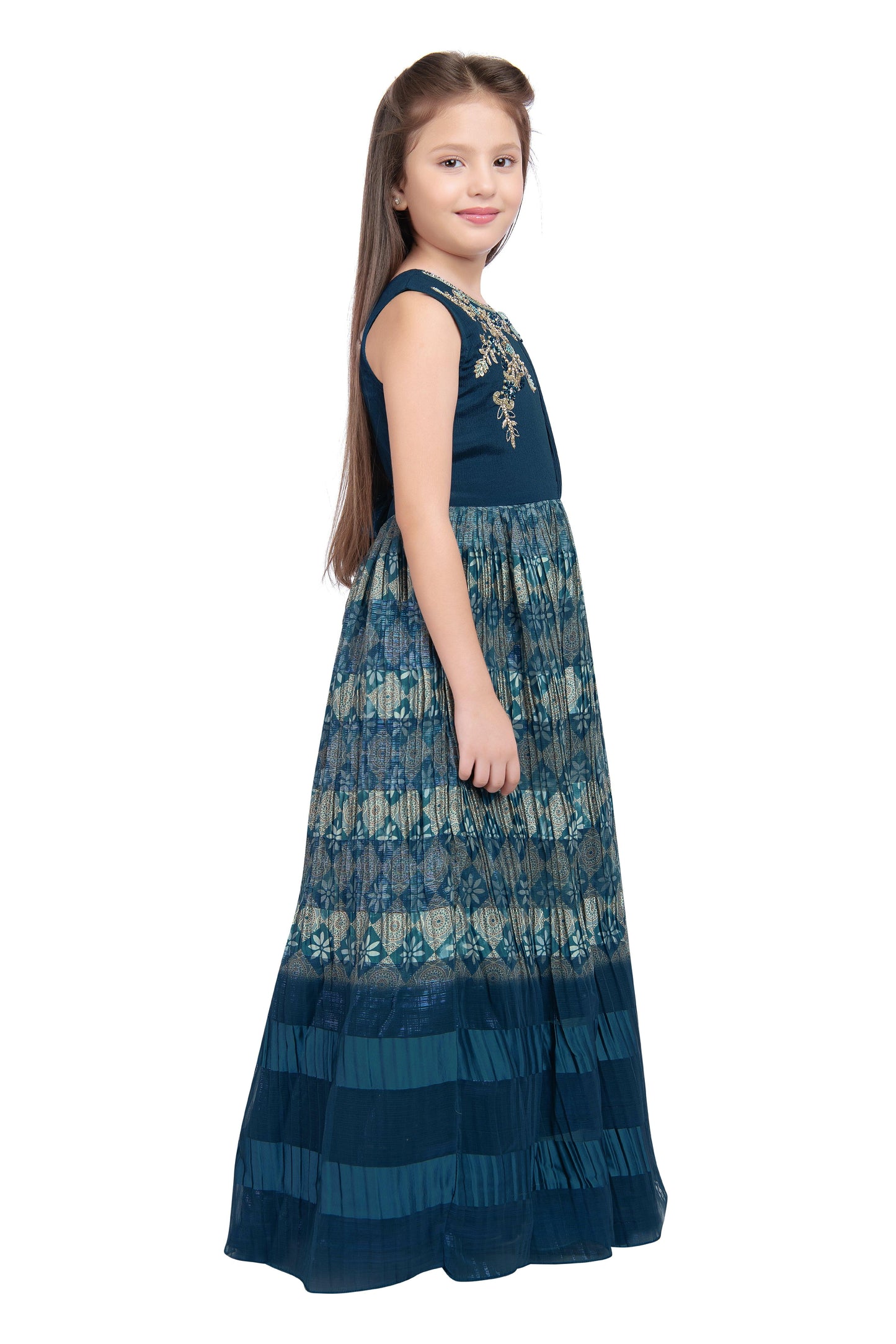 Peacock Blue Coloured Pleated Fabric Saree Style Gown For Girls - Betty Ethnic India - Gown - Betty Girls Wear Online