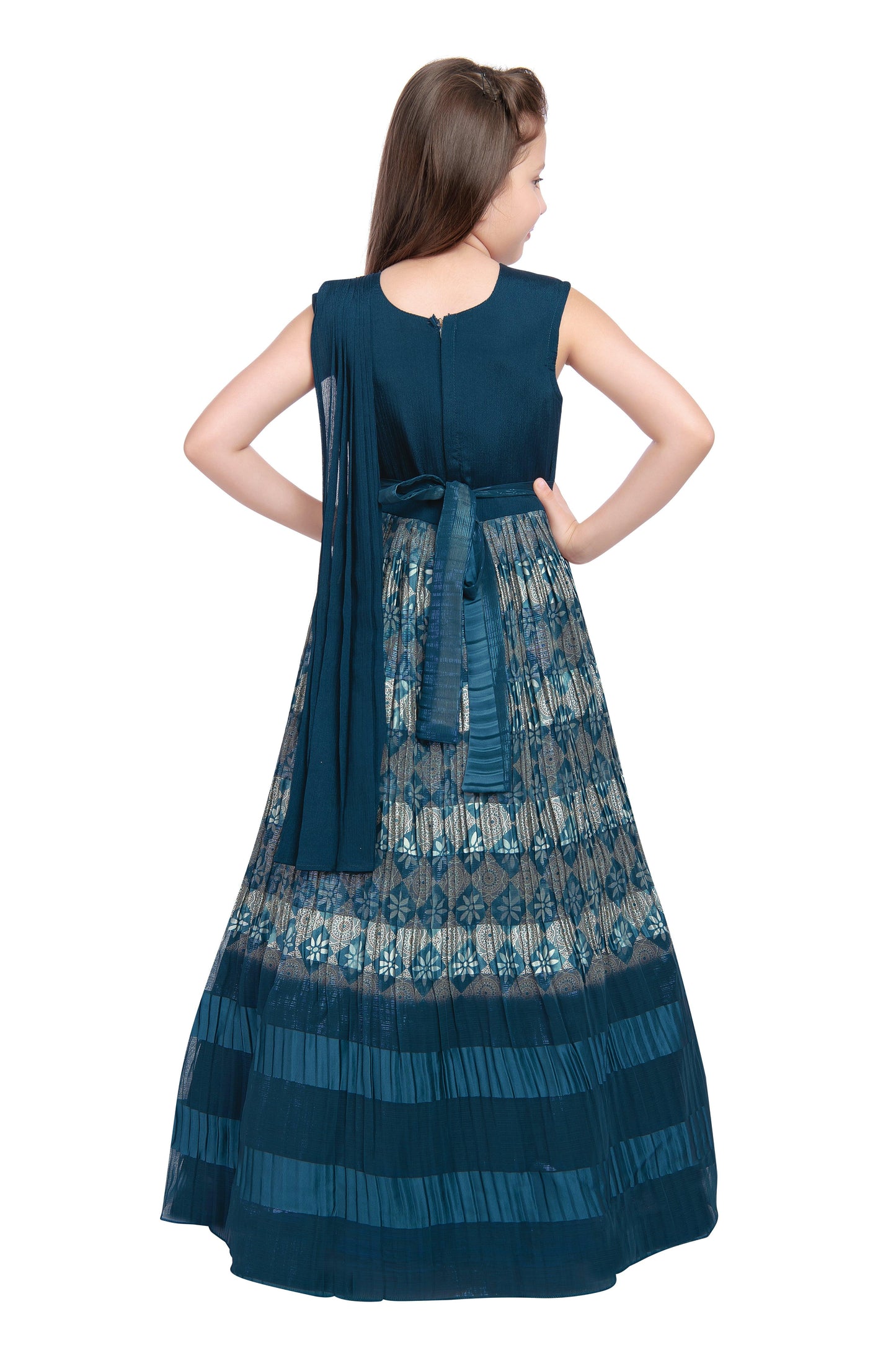 Peacock Blue Coloured Pleated Fabric Saree Style Gown For Girls - Betty Ethnic India - Gown - Betty Girls Wear Online