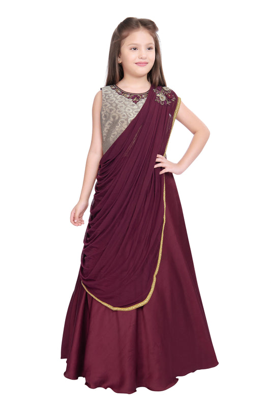Wine Coloured Saree Styled Dupatta Pattern Gown For Girls - Betty Ethnic India - Gown - Betty Girls Wear Online