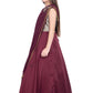 Wine Coloured Saree Styled Dupatta Pattern Gown For Girls - Betty Ethnic India - Gown - Betty Girls Wear Online