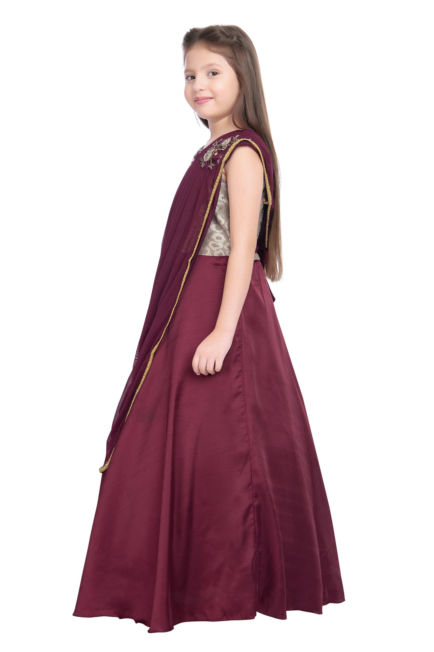 Wine Coloured Saree Styled Dupatta Pattern Gown For Girls - Betty Ethnic India - Gown - Betty Girls Wear Online