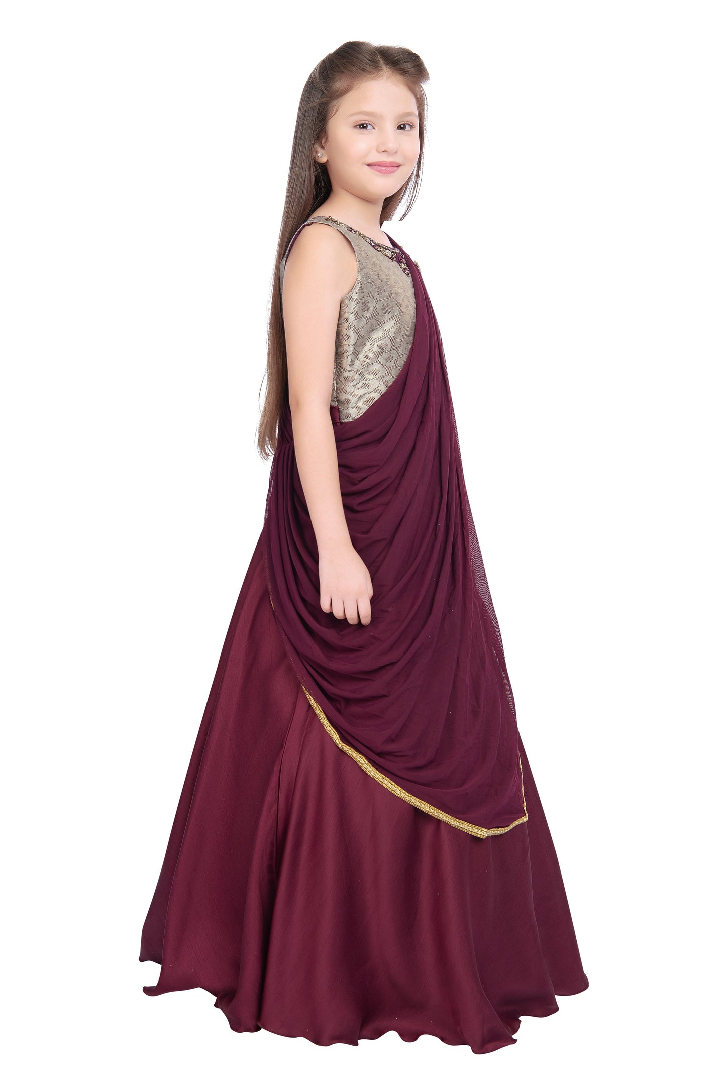 Wine Coloured Saree Styled Dupatta Pattern Gown For Girls - Betty Ethnic India - Gown - Betty Girls Wear Online