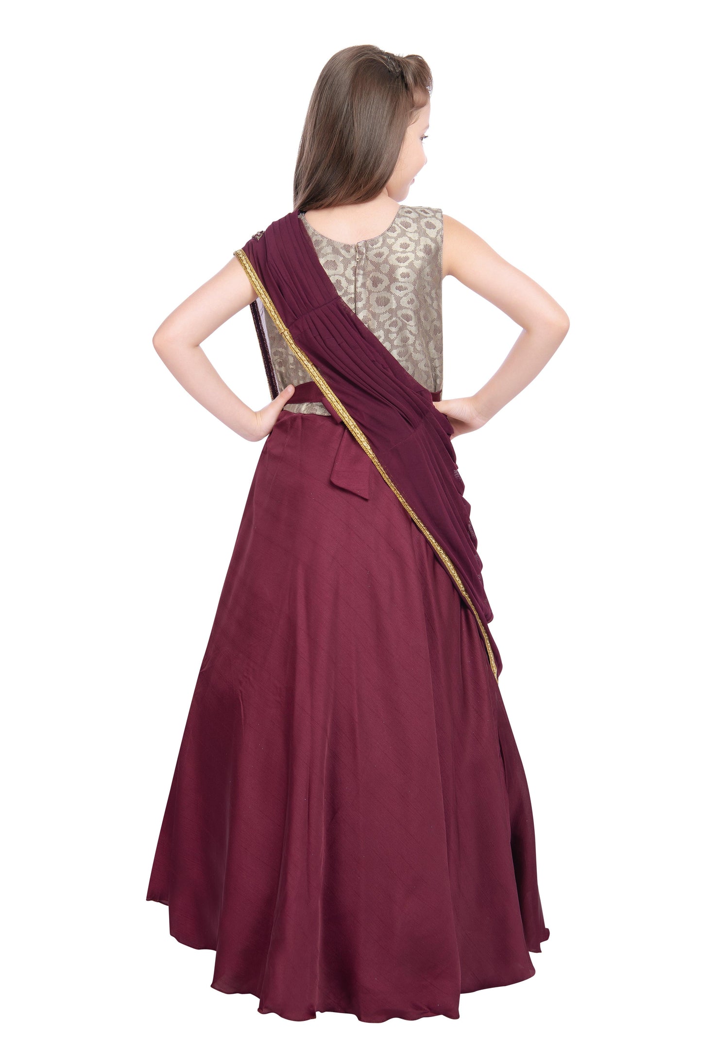 Wine Coloured Saree Styled Dupatta Pattern Gown For Girls - Betty Ethnic India - Gown - Betty Girls Wear Online