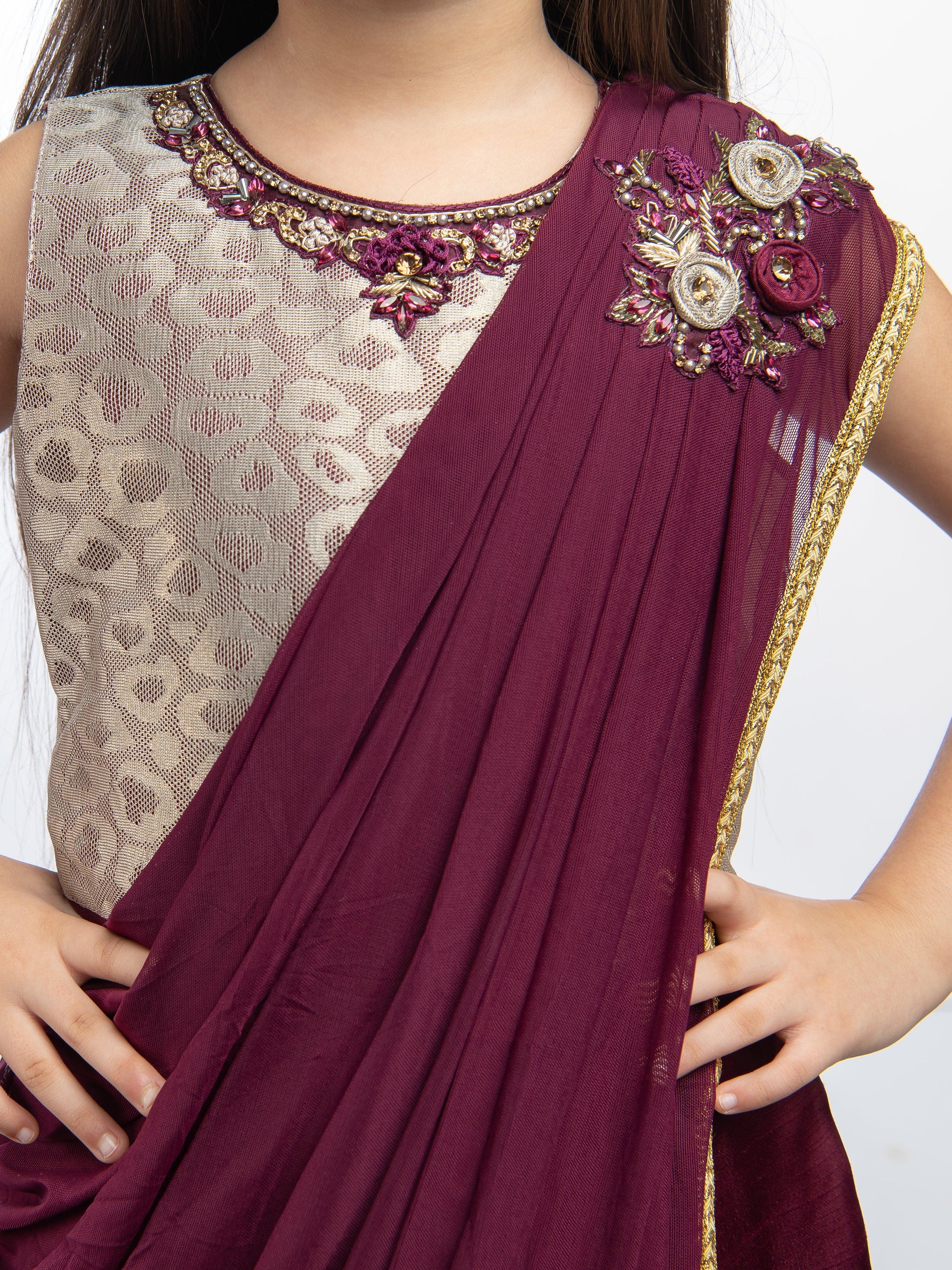 Wine Coloured Saree Styled Dupatta Pattern Gown For Girls - Betty Ethnic India - Gown - Betty Girls Wear Online