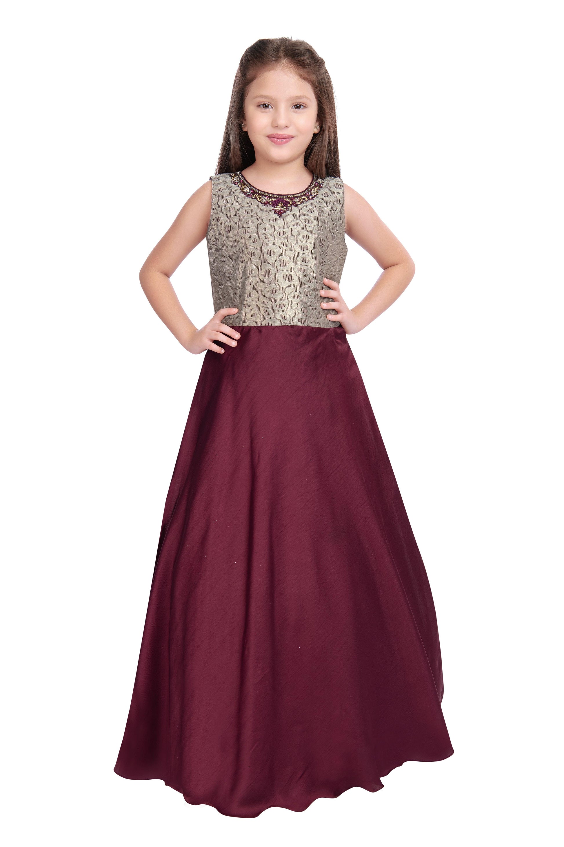 Wine Coloured Saree Styled Dupatta Pattern Gown For Girls - Betty Ethnic India - Gown - Betty Girls Wear Online