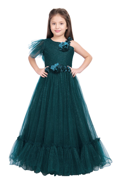 Peacock Blue Coloured Imported Net One Side Shoulder Pattern Gown For Girls - Betty Ethnic India - Gown - Betty Girls Wear Online