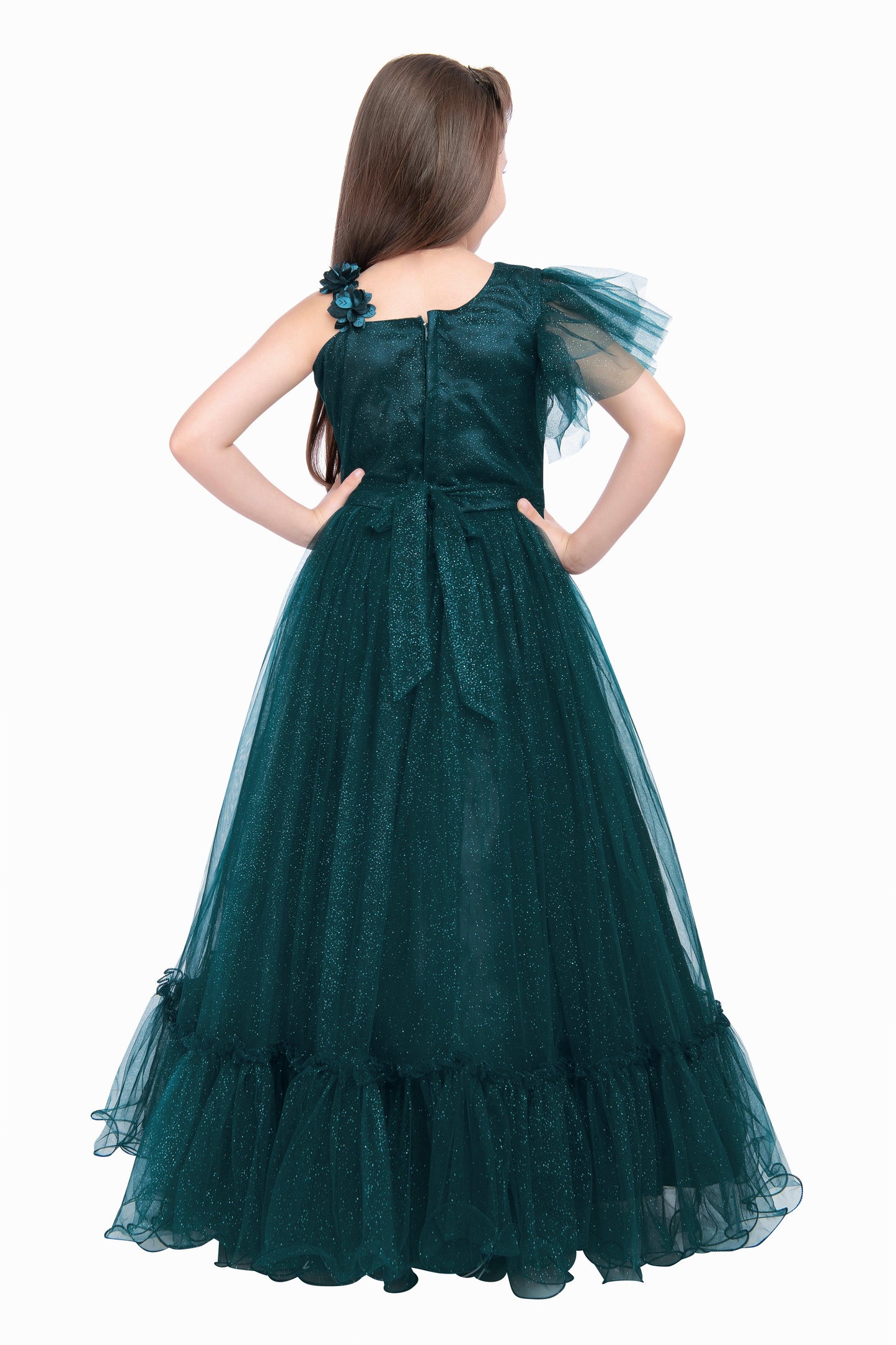 Peacock Blue Coloured Imported Net One Side Shoulder Pattern Gown For Girls - Betty Ethnic India - Gown - Betty Girls Wear Online