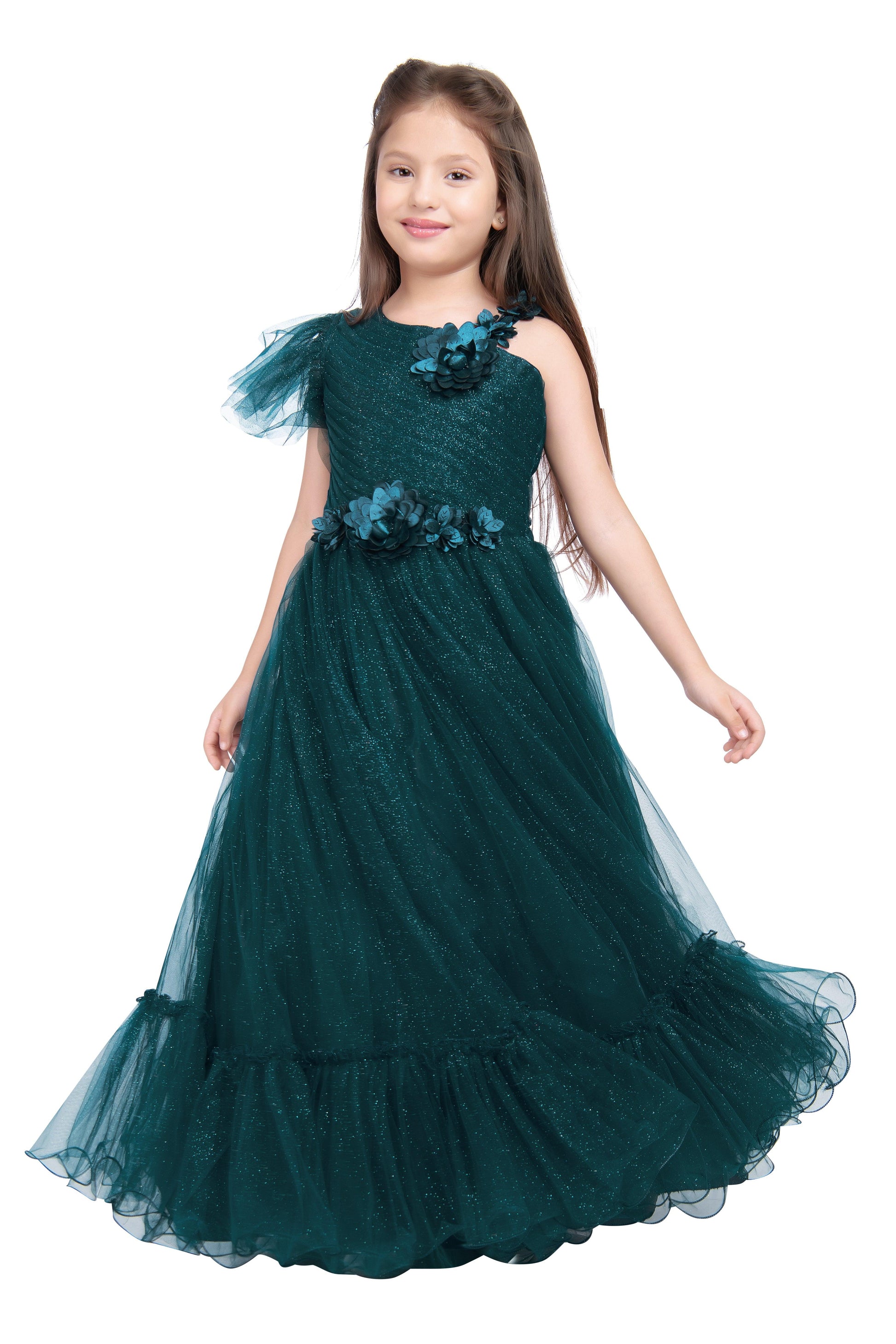 Peacock Blue Coloured Imported Net One Side Shoulder Pattern Gown For Girls - Betty Ethnic India - Gown - Betty Girls Wear Online