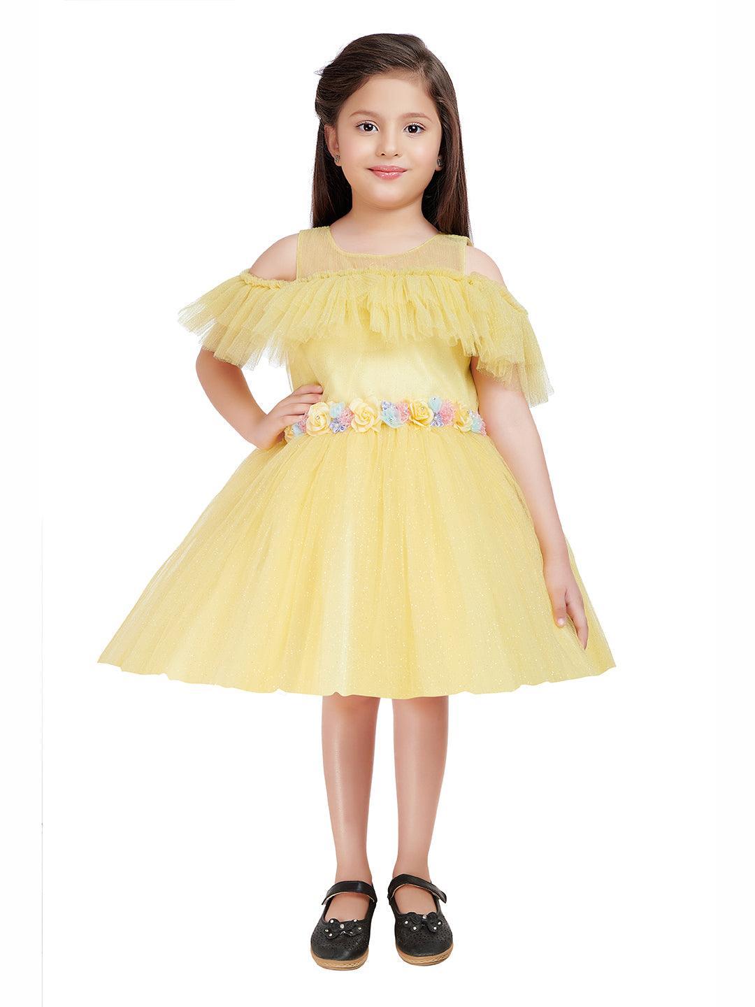 Lemon Coloured Imported Net Simple Design Off Shoulder Pattern Party Wear Frock For Girls - Betty Ethnic India - Frock - Betty Girls Wear Online