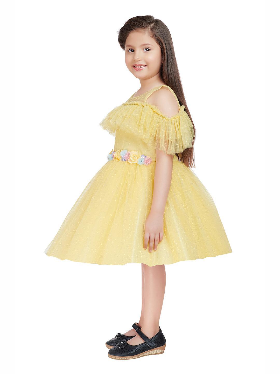 Lemon Coloured Imported Net Simple Design Off Shoulder Pattern Party Wear Frock For Girls - Betty Ethnic India - Frock - Betty Girls Wear Online