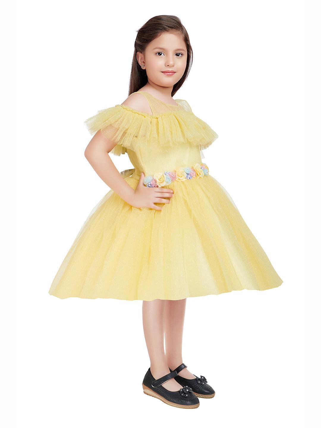 Lemon Coloured Imported Net Simple Design Off Shoulder Pattern Party Wear Frock For Girls - Betty Ethnic India - Frock - Betty Girls Wear Online