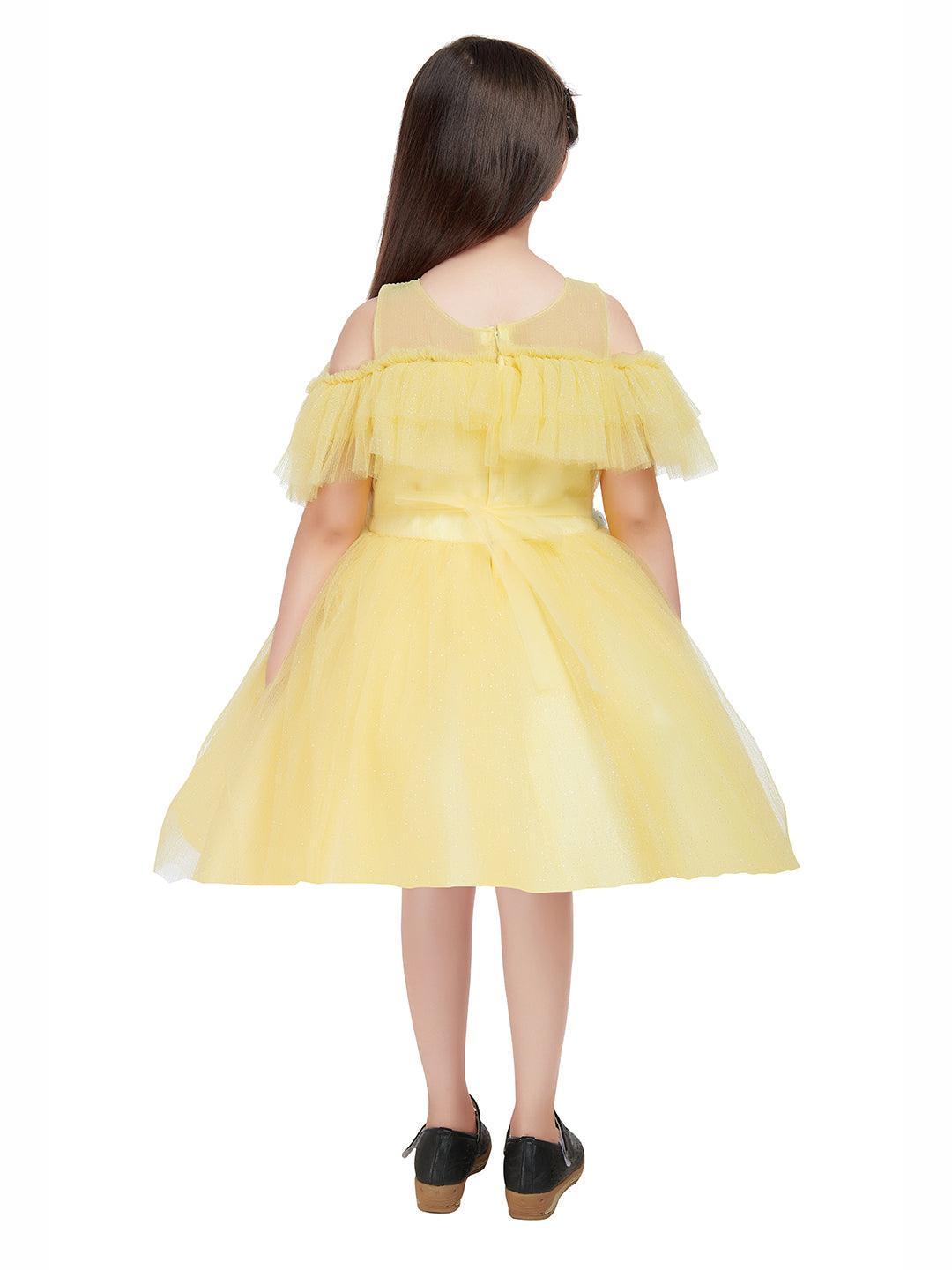 Lemon Coloured Imported Net Simple Design Off Shoulder Pattern Party Wear Frock For Girls - Betty Ethnic India - Frock - Betty Girls Wear Online