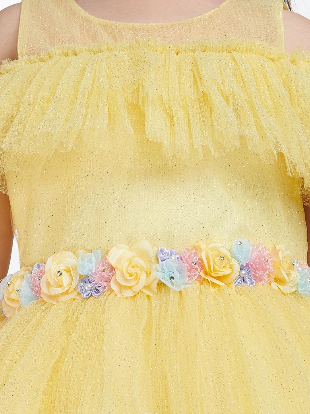 Lemon Coloured Imported Net Simple Design Off Shoulder Pattern Party Wear Frock For Girls - Betty Ethnic India - Frock - Betty Girls Wear Online