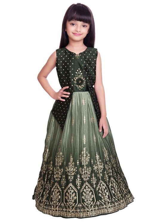 Mahendi Coloured Embellished Jacket Styled Chinon Gown For Girls - Betty Ethnic India - Gown - Betty Girls Wear Online