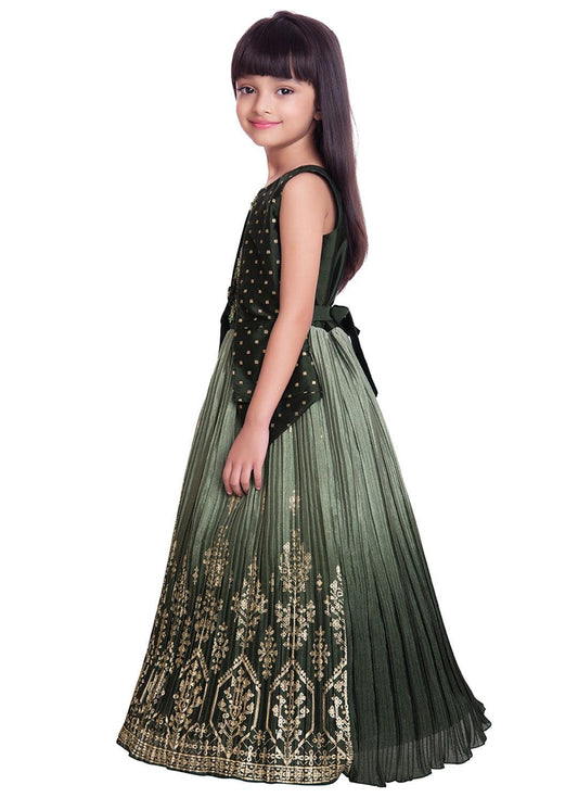 Mahendi Coloured Embellished Jacket Styled Chinon Gown For Girls - Betty Ethnic India - Gown - Betty Girls Wear Online