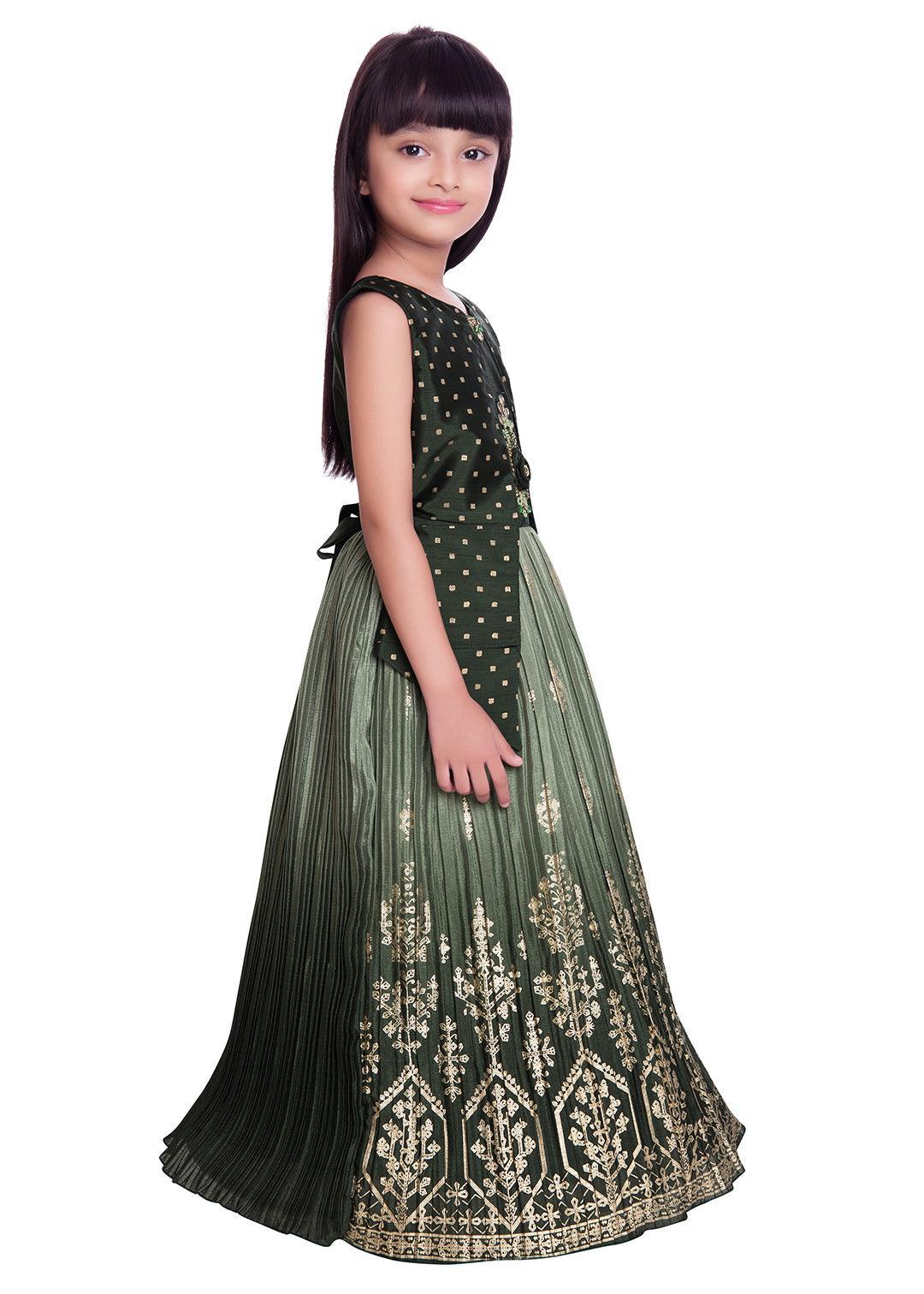 Mahendi Coloured Embellished Jacket Styled Chinon Gown For Girls - Betty Ethnic India - Gown - Betty Girls Wear Online